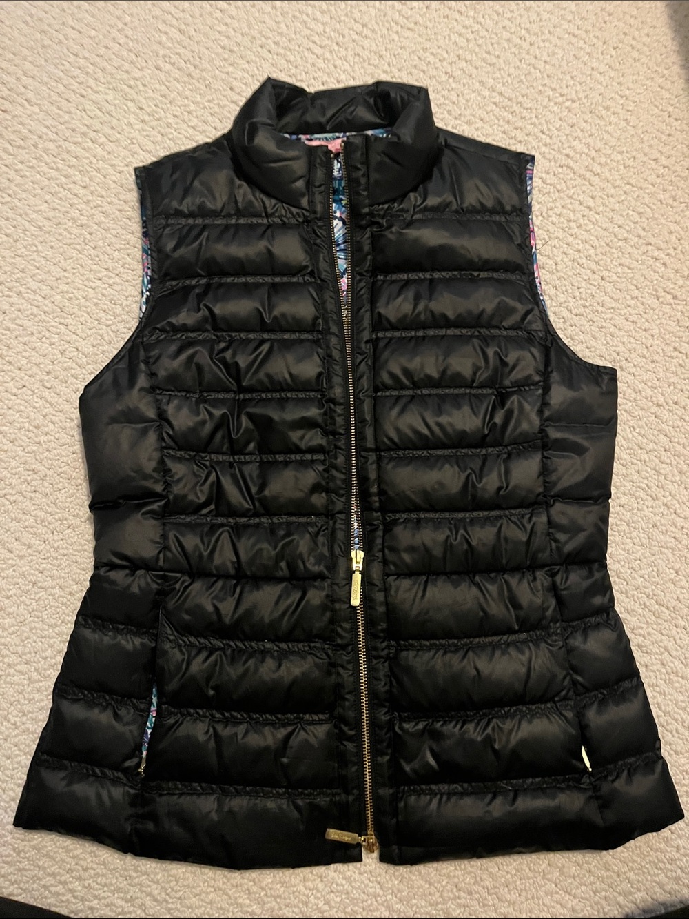 Lilly Pulitzer Black Quilted Puffer Vest with Gold Zipper